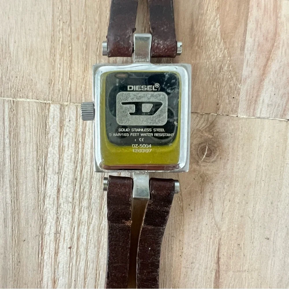 Vintage Diesel ladies rectangular silver tone brown leather watch NEW BATTERY